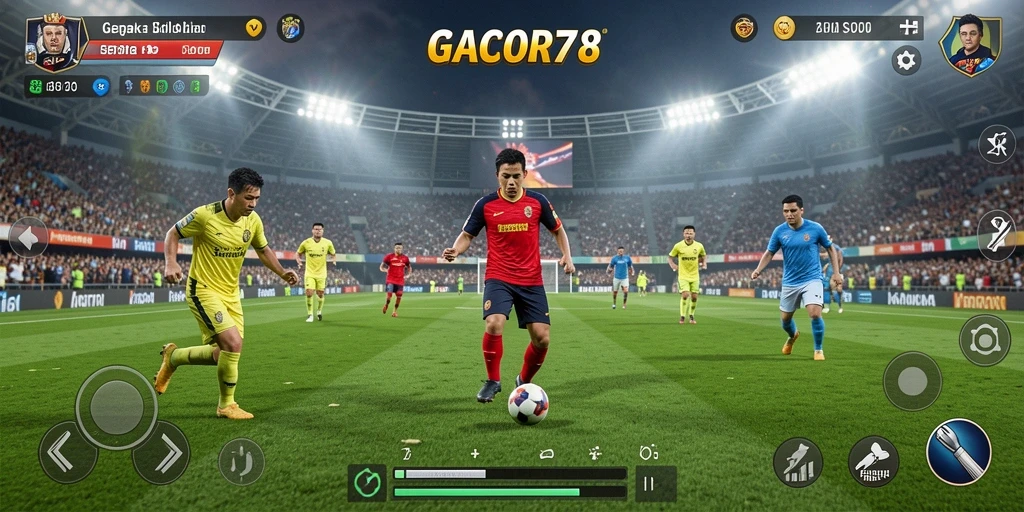 Tampilan gameplay menegangkan dalam GACOR78 dengan aksi sepak bola yang realistis.