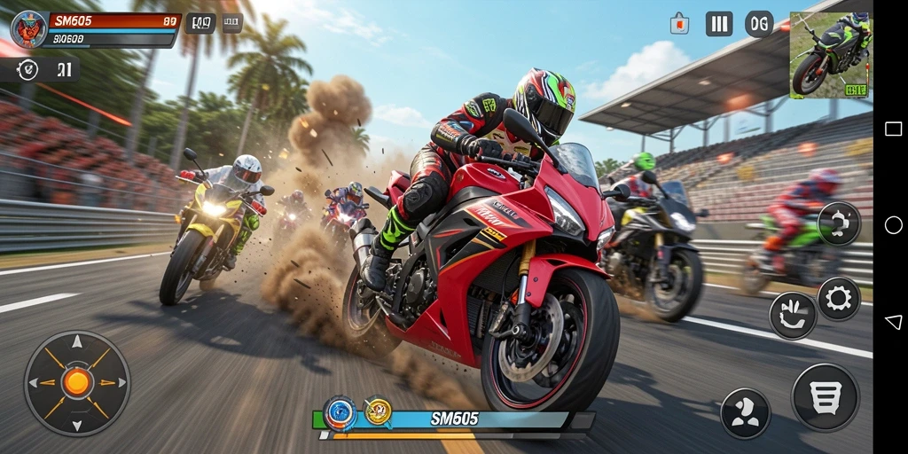 Screenshot gameplay SM605 menunjukkan aksi balapan motor yang mendebarkan.