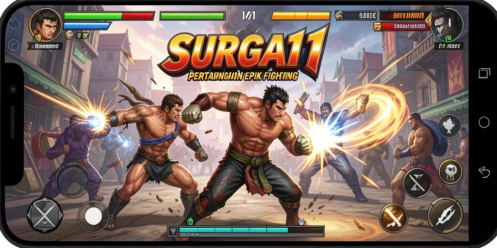 Tampilan gameplay SURGA11 dengan aksi pertarungan yang mendebarkan.